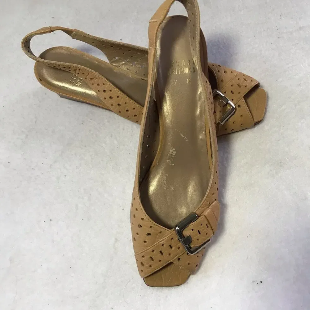 Stuart Weitzman tan leather cutouts peep toe wedges buckle detail 7 Spain - Picture 4 of 11